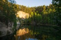 Mountain lake with reflection in the water against the background of the forest and the rays of the setting sun Royalty Free Stock Photo