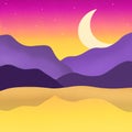 Mountain with Lake Landscape View on Crescent Moon Night Graphic Wallpaper Background Royalty Free Stock Photo