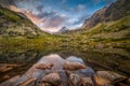 Mountain Lake with Rocks in Foreground at Sunset