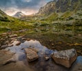 Mountain Lake with Rocks in Foreground at Sunset