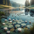 Mountain Lake Serenity: AI Captured Lily Pads and Flowers Adorning Pristine Waters Royalty Free Stock Photo