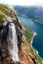 Mountain lake and small waterfall, Norway. Royalty Free Stock Photo