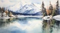 Mountain lake with snow and reflections in the water. Digital painting. Generative AI Royalty Free Stock Photo