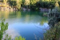 Mountain lake in the summer. Panoramic view on old flooded granite quarry with radon water.