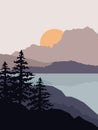 Mountain lake sunrise design illustration