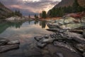 Mountain Lake Sunset Coast With Pine Forest And Rocks, Altai Mountains Highland Nature Autumn Landscape Photo