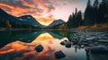 Mountain lake at sunset with reflection in water. Colorful autumn landscape. Generative AI Royalty Free Stock Photo