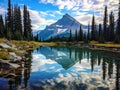 a mountain and lake with trees and blue sky