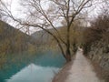 Mountain lake with turquoise blue water, surrounded by alps and green hills.Full peace.The calm water reflects the city on the coa