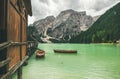 Mountain Lake in Valle di Braies in the Dolomite Alps