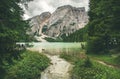 Mountain Lake in Valle di Braies surrounded by forests