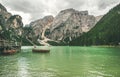 Mountain Lake in Valle di Braies and wooden boats