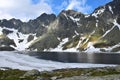 The mountain lake Vel`ke Hincovo pleso with the Mengusovske mountains in the High Tatras