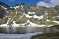 The mountain lake Vel`ke Hincovo pleso with the Mengusovske mountains in the High Tatras Royalty Free Stock Photo