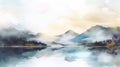 Mountain And Lake Watercolor Painting In Soft Color Blending Style