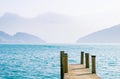 Mountain lake and wood deck in Switzerland