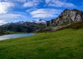 Waterfall along narrow mountain road from Los Arenas to remote mountain village Sotres, Picos de Europa mountains, Asturias, North Royalty Free Stock Photo