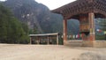 Mountain land of Bhutan with vegetation. Buddhist monastery