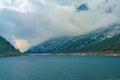Mountain landscape along the road to Fedaia pass, Dolomites. Lake Royalty Free Stock Photo