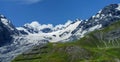 Mountain landscape along the road to Stelvio pass at summer. Glacier