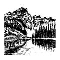 Mountain landscape with alpine lake sketch illu