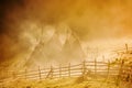 mountain landscape with autumn morning fog at sunrise - Fundatura Ponorului, Romania