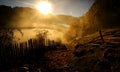 Mountain landscape with autumn morning fog at sunrise Royalty Free Stock Photo