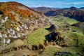 mountain landscape in autumn morning - Fundatura Ponorului, Romania - aerial view