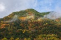 Mountain landscape with autumn trees with fog, in Torla, Huesca