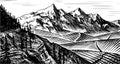 Mountain landscape background. Alpine peaks and forest. Vintage Mount. Travel concept. Hand drawn engraved sketch for