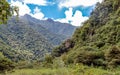 Mountain landscape background with peruvian Andes mountains in the clouds