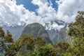 Mountain landscape background with peruvian Andes mountains in the clouds