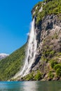 Mountain landscape with blue sky. Beautiful nature Norway. Geiranger fjord. Seven Sisters Waterfall Royalty Free Stock Photo