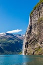 Mountain landscape with blue sky. Beautiful nature Norway. Geiranger fjord. Seven Sisters Waterfall Royalty Free Stock Photo