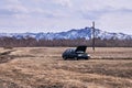 Mountain landscape. Blue sky. Black car Royalty Free Stock Photo