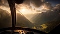 Mountain landscape, car driving, sunset sky, beauty in nature, summer meadow generated by AI