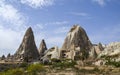 Mountain landscape with cave houses in Cappadocia valley near Goreme, Turkey
