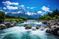 Mountain landscape with clear blue river and snow capped peaks, Baishui River Baishui Tai or White Water River at Jade Dragon Snow Royalty Free Stock Photo