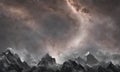 Mountain landscape, Clubs of pink and gray clouds above the mountain massif.