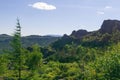 Mountain landscape with coniferous forest and blue sky with clouds Royalty Free Stock Photo