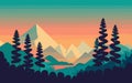 Mountain landscape with coniferous forest, pine trees, and sunset, hue sky, Vector illustration background, generative ai Royalty Free Stock Photo