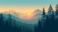 Mountain landscape with coniferous forest and sunset. illustration Generative AI Royalty Free Stock Photo