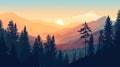 Mountain landscape with coniferous forest at sunset. illustration Generative AI Royalty Free Stock Photo