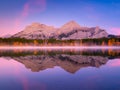Banff National Park, Alberta, Canada. Mountain landscape at dawn. Foggy morning. Lake and forest in a mountain valley at dawn. Nat Royalty Free Stock Photo