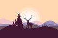 Mountain landscape with deer. Summer nature. Travel, outdoor activities, outdoor sports, vacation. Flat style.