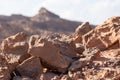 Mountain landscape, desert. Makhtesh Ramon Crater in Negev desert, Israel. Stony desert panoramic view. Unique relief geological Royalty Free Stock Photo