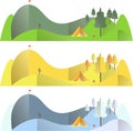 Mountain landscape in different seasons, autumn, summer, winter, travel conception