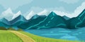 Mountain Landscape with Distant Peaks and Green Hill with Winding Path Vector Illustration Royalty Free Stock Photo