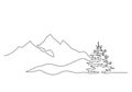 Mountain landscape, drawn in one line. Continuous line. Travels. Minimalistic graphics. Mountains and spruce. Royalty Free Stock Photo