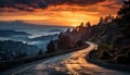 Mountain landscape at dusk, car speeds through generated by AI Royalty Free Stock Photo